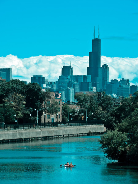 Artist Nancy Bechtol. 'Blue Skyline Chicago River' Artwork Image, Created in 2009, Original Photography Mixed Media. #art #artist