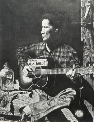 Charles  Rogers: 'Woody Guthrie This Machine Kills Fascists', 2013 Charcoal Drawing, Music.  This is a charcoal on paper drawing of Woody Guthrie with the words, This Machine Kills Fascists, which he placed on his guitar during WWII to let people know he was fighting Nazism with his music. ...