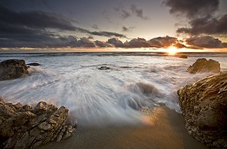 Dennis Chamberlain: 'Point Dume Beach', 2009 Color Photograph, Seascape.   Sea, seascapes, sunset, ocean, pacific coast, California beaches, Point Dume, Malibu, nature, landscape, water, waves, slow shutter, sand, rocks, clouds  ...