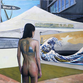 Richard Barone: 'view of mt fuji from west st', 2019 Oil Painting, Satire. Artist Description: The Great Wave off Kanagawa  1832  by Hokusai is considered to be the greatest of all Japanese art prints. Here it is depicted as a large painting in an art show. A woman with a tattoo of Mt. Fuji on her back, an image she cannot see on ...