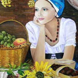 Natalia Stepanova: 'blue shawl', 2014 Oil Painting, Abstract Figurative. Artist Description:    oil painting stepanova natalia  red scarfblue shawlgirlportrait painting  ...