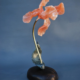Leslie Dycke: 'Alabaster Iris', 2015 Stone Sculpture, Floral. Artist Description: The full life sized bloom is carved from a single stone of the rare Utah Red Alabaster. The leave is carved from Green Soapstone and built onto a bronze stem structurally engineered to assemble and dissemble. The base is carved from a piece of Wenge wood. ...
