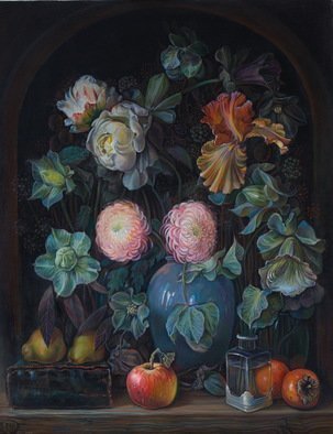 Sergey Lesnikov: 'flowers and fruits', 2019 Oil Painting, Floral. Flowers and fruits still life composition, oil on canvas...