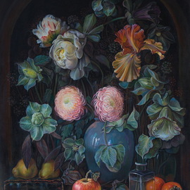 Sergey Lesnikov: 'flowers and fruits', 2019 Oil Painting, Floral. Artist Description: Flowers and fruits still life composition, oil on canvas...