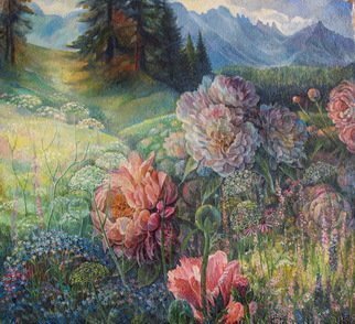 Sergey Lesnikov: 'wild peonies', 2018 Oil Painting, Floral. Fantasy landscape  from  childhood memories...