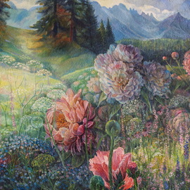 Sergey Lesnikov: 'wild peonies', 2018 Oil Painting, Floral. Artist Description: Fantasy landscape  from  childhood memories...