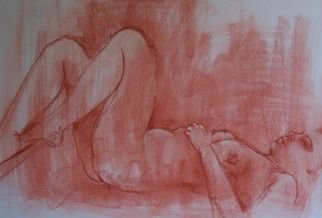 Nicole M. Mathieu: 'Lying on the back', 2004 Other Drawing, nudes.  naked French young woman lying on her back done with sanguine ( red chalk) on white canson paper.                        ...