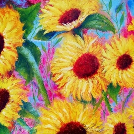 Iryna Fedarava: 'Flowers in love with the Sun', 2018 Oil Painting, Floral. Artist Description: Sunflowers are flowers in love with the Sun.  There are so many warm shades in these colors.  They fill the space around with bright yellow light.  They attract the eye and allow you to consider them for a long time. ...