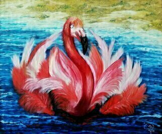 Iryna Fedarava: 'flamingo at dawn', 2013 Oil Painting, Birds. Pink flamingo on the waves.  We hear the light sound of the surf and see this magnificent big bird.  This flamingo is so beautiful and graceful.  It s a pleasure to watch these amazing birds. ...