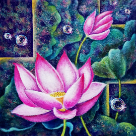 Iryna Fedarava: 'lotus 1', 2018 Acrylic Painting, Floral. Artist Description: This pink lotus grows out of dirty mud, stretches up through the water and blooms on the surface of the water as a beautiful flower. The golden rays of the rising sun appear over the horizon and illuminate the birth of the lotus.A lotus bud is like ...