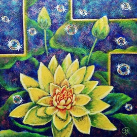 Iryna Fedarava: 'lotus 2', 2022 Acrylic Painting, Floral. Artist Description: This yellow lotus grows out of dirty mud, stretches up through the water and blooms on the surface of the water as a beautiful flower. The golden rays of the rising sun appear over the horizon and illuminate the birth of the lotus.A lotus bud is like ...