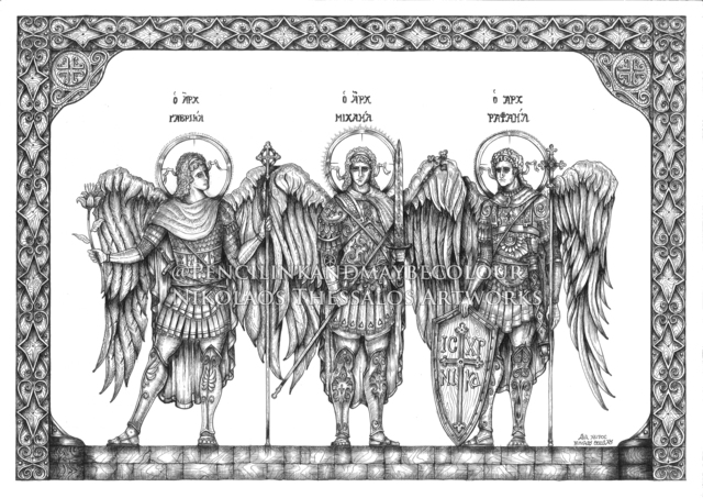 Artist Nikolaos Thessalos. 'Synaksis Of The Archangels' Artwork Image, Created in 2018, Original Drawing Ink. #art #artist