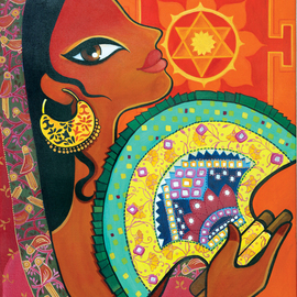 Niloufer Wadia: 'Heat 2', 2015 Acrylic Painting, Figurative. Artist Description:  An exotic woman from India, in the sweltering heat, fanning herself with a typical embroidered Gujarati fan. Surya - the sun god, Yantra in the background ...