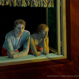 Nino Pkhaladze: 'Beyond the window', 2006 Oil Painting, Figurative. Artist Description:  This  painting is build on silence. . . and on dream evidenced in romance. . . Here, the artistical composition creates mysterious intimacy. Having seen this canvas, instantly realize that the silence often has its power, emotion and inexplicable charm. . . This picture is a miniature episode of Nino's life, when in ...