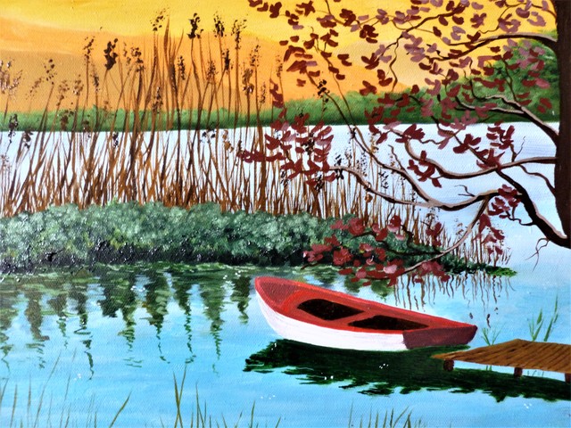 Artist Marilyn Domilski. 'Sunset Rowboat' Artwork Image, Created in 2021, Original Painting Other. #art #artist