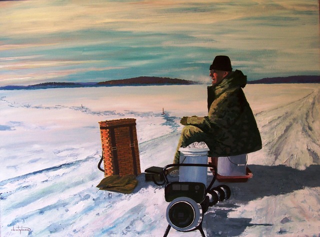 Artist William Christopherson. '20th Century Ice Fisherman' Artwork Image, Created in 2007, Original Printmaking Monoprint. #art #artist