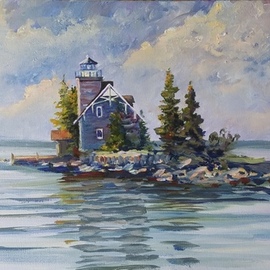 William Christopherson: 'sisters island lighthouse', 2018 Oil Painting, Landscape. Artist Description: Original oil artwork on stretched canvas from the St.  Lawrence River, 4 miles north of Alexandria Bay, in the Thousand Islands.  Historic lighthouse on the US- Canadian international boundary.  Completed in broad- brush oil stroke technique.  Professionally framed in beechwood, wall ready. ...