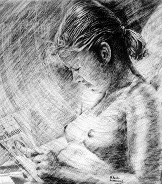 Nick Skarvelakis: 'reading on the beach', 1988 Pencil Drawing, Beach. Woman reading on the beach after swimming. ...