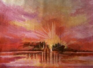Nurhilal Harsa: 'landscape 9', 2023 Oil Painting, Beach. Landscape, oil on canvas, original oil painting, monochrome, red, autumn, sunset, boat, sun, light, seascape...