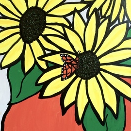 Brita Ferm: 'butterfly in the sun', 2015 Acrylic Painting, Floral. Artist Description: As a Kansas native, IaEURtmm partial to sunflowers. Thank goodness theyaEURtmre a favorite of OB gardeners too. Acrylic on Masonite...