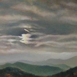 Ron Ogle: 'A Parhelion  of 22 Degrees near Mt Pisgah', 2003 Oil Painting, Landscape. Artist Description: An afternoon view from the top of the Flat Iron Building in Asheville of Mount Pisgah with a sun dog, or, parhelion of 22 degrees. According to William Corliss, in his book : Unusual Natural Phenomena, these bright patches occur at the same altitude as the sun, about 22 ...