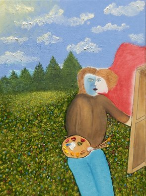 Obert Fittje: 'The Artist Loves', 2010 Oil Painting, Love.  This painting was inspired by a Chagall work.  Represented in this painting are some of the many loves of the artist:  the sun, the sky, clouds, trees, grass, flowers, colors, painting and the Beloved.         ...