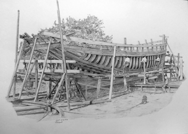 Alexander Boytsov  'Ship Carpenters', created in 2021, Original Drawing Pencil.
