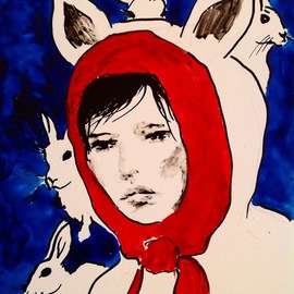 Oleg Khe: 'girl and hares', 2019 Acrylic Painting, People. Artist Description: It gets a little warmer next to little friends. Winter in the yard. Winter is on my soul. ...