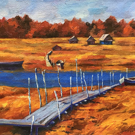 Olga Hodukova: 'your religion', 2021 Oil Painting, Landscape. Artist Description: River on a warm autumn day. ...