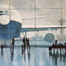 Olga Mihailicenko: 'before our journey begins', 2018 Oil Painting, Airplanes. Artist Description: 39. 3x31. 5x0. 6 inches. One of a kind work. Signed front and back. Sold with certificate of Authenticity. Painted on gallery wrapped canvas with the highest quality professional oil colors. Sold with a simple light grey wooden frame. This painting will be professionally packaged for safe travel. ...