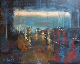 Olga Mihailicenko: 'lights in the darkness', 2019 Oil Painting, Cityscape. 19. 7x15. 7x0. 3 inches.  One of a kind work.  Signed front and back.  Sold with certificate of Authenticity.  Painted on panel with the highest quality professional oil colors.  This painting will be professionally packaged for safe travel.  The colors may look a little bit different depending on your computer ...
