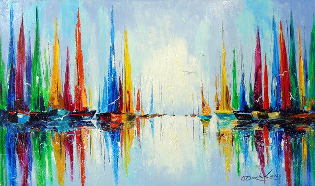 Olha Darchuk  'Bright Sails At The Pier', created in 2020, Original Painting Oil.