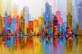 Olha Darchuk: 'rainbow city', 2021 Oil Painting, Cityscape. Rainbow city oil painting in a single copy on canvas without a frame as the edges are painted, 100  work with high- quality oil and palette knife, a picture for the interior of your home and positive emotions for the whole family . Ready to hang. ...