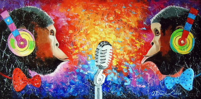 Artist Olha Darchuk. 'Song Of Monkeys Music Lovers' Artwork Image, Created in 2020, Original Painting Oil. #art #artist