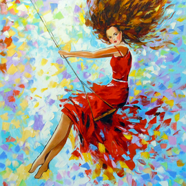 Olha Darchuk: 'the girl on the swing', 2019 Oil Painting, People. Artist Description: The girl on the swing oil painting , unframed since the edges are painted 100   handmade with a palette knife and high quality oil , for the interior or for a gift. Decorate your interior and for a long time will give joy to you and your family. Ready to ...