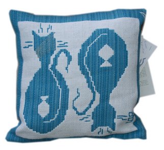 Lisbet Olin-ranstam: 'Cat and Fish', 2006 Textile Art, Cats. Pillow, handwoven in Scandinavian double- weft...
