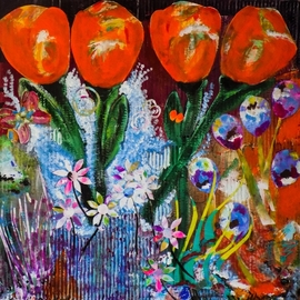 Liz Taylor: 'orange tulips', 2020 Acrylic Painting, Floral. Artist Description: A large, bright mixed media painting created in collage using recycled materials. Huge orange blooms in a fantastical garden is a stunning piece of work. Framed in a modern white gloss frame ready to hang. ...