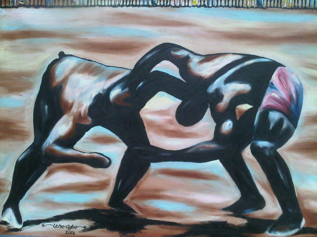 Uche Ogbu  'African Wrestling', created in 2015, Original Painting Oil.