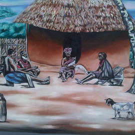 Uche Ogbu: 'Elders discussion', 2014 Oil Painting, Landscape. 