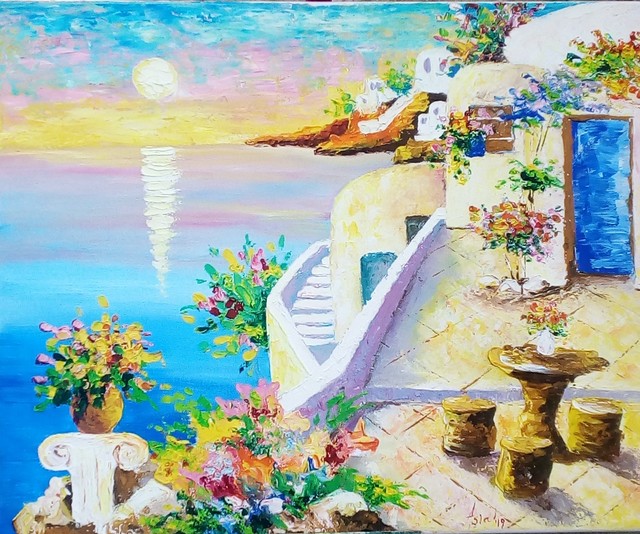 Artist Asia Djibirova. 'Santorini' Artwork Image, Created in 2019, Original Painting Oil. #art #artist