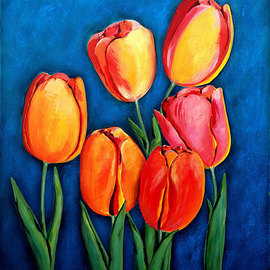 Ozgul Tuzcu: 'Tulips', 2007 Acrylic Painting, Floral. Artist Description:  A bunch of yellow, pink, red tulips on a cerulian blue background. ...