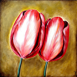 Ozgul Tuzcu: 'Tulips II', 2006 Acrylic Painting, Floral. Artist Description:  Two pink tulips on a golden background. ...