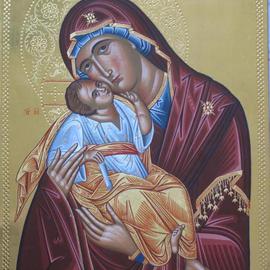 Adamantia Karatza: 'Byzantine icon of Virgin Mary with Child', 2012 Tempera Painting, Religious. Artist Description:  Hand painted religious icon with eggyolk tempera and real gold sheets on background under all traditional rules of byzantine art. The haloes are crafted by hand ...