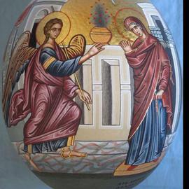 Adamantia Karatza: 'Icon of Annunciation on ostrich egg', 2012 Tempera Painting, Religious. Artist Description:             Hand painted religious icon on handcrafted wood with eggyolk tempera and real gold sheets on background under all traditional rules of byzantin art. The haloes are crafted by hand, and on the cloths there are real gold sheets.           ...