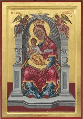 Adamantia Karatza: 'Religious  Icon of Virgin enthroned Lambovitissa with child', 2012 Tempera Painting, Religious.          Hand painted religious icon on handcrafted wood with eggyolk tempera and real gold sheets on background under all traditional rules of byzantin art. The haloes are crafted by hand, and on the cloths there are real gold sheets.        ...