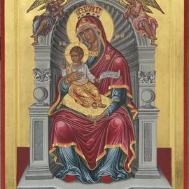 Adamantia Karatza: 'Religious  Icon of Virgin enthroned Lambovitissa with child', 2012 Tempera Painting, Religious. Artist Description:          Hand painted religious icon on handcrafted wood with eggyolk tempera and real gold sheets on background under all traditional rules of byzantin art. The haloes are crafted by hand, and on the cloths there are real gold sheets.        ...
