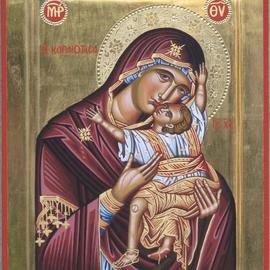 Adamantia Karatza: 'Religious icon of Virgin Kardiotissa', 2012 Tempera Painting, Religious. Artist Description:         Hand painted religious icon on handcrafted wood with eggyolk tempera and real gold sheets on background under all traditional rules of byzantin art. The haloes are crafted by hand, and on the cloths there are real gold sheets.       ...