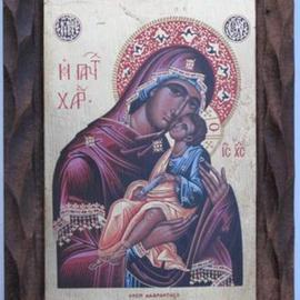 Adamantia Karatza: 'Religious icon of Virgin with Child', 2012 Tempera Painting, Religious. Artist Description:      Hand painted religious icon on handcrafted wood with eggyolk tempera and real gold sheets on background under all traditional rules of byzantin art.    ...