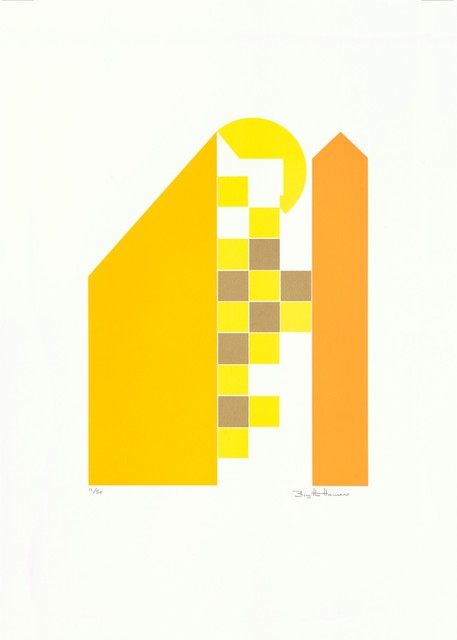 Birgitte Hansen  'Yellow Houses', created in 1985, Original Printmaking Serigraph.