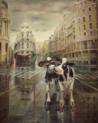 Enrique Pariente: 'Par de vacas en la Gran Via de Madrid', 2011 Oil Painting, Urban.  It's raining moment in Gran Via in Madrid, with a couple of cartoon cows ...